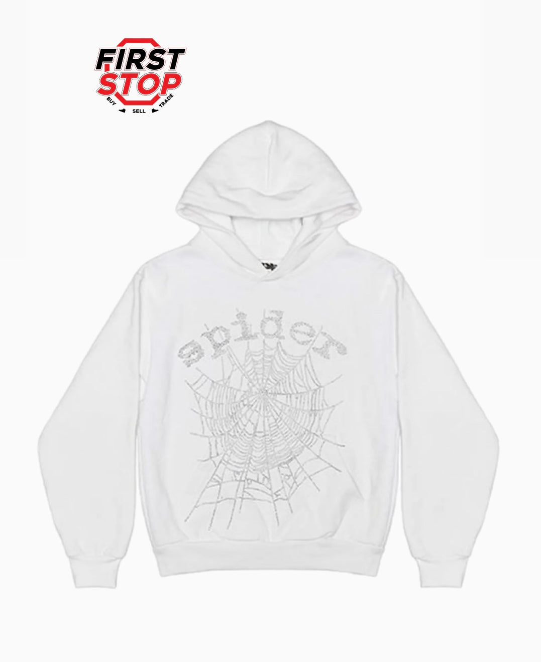 Sp5der OG Rhinestone Logo Hoodie White