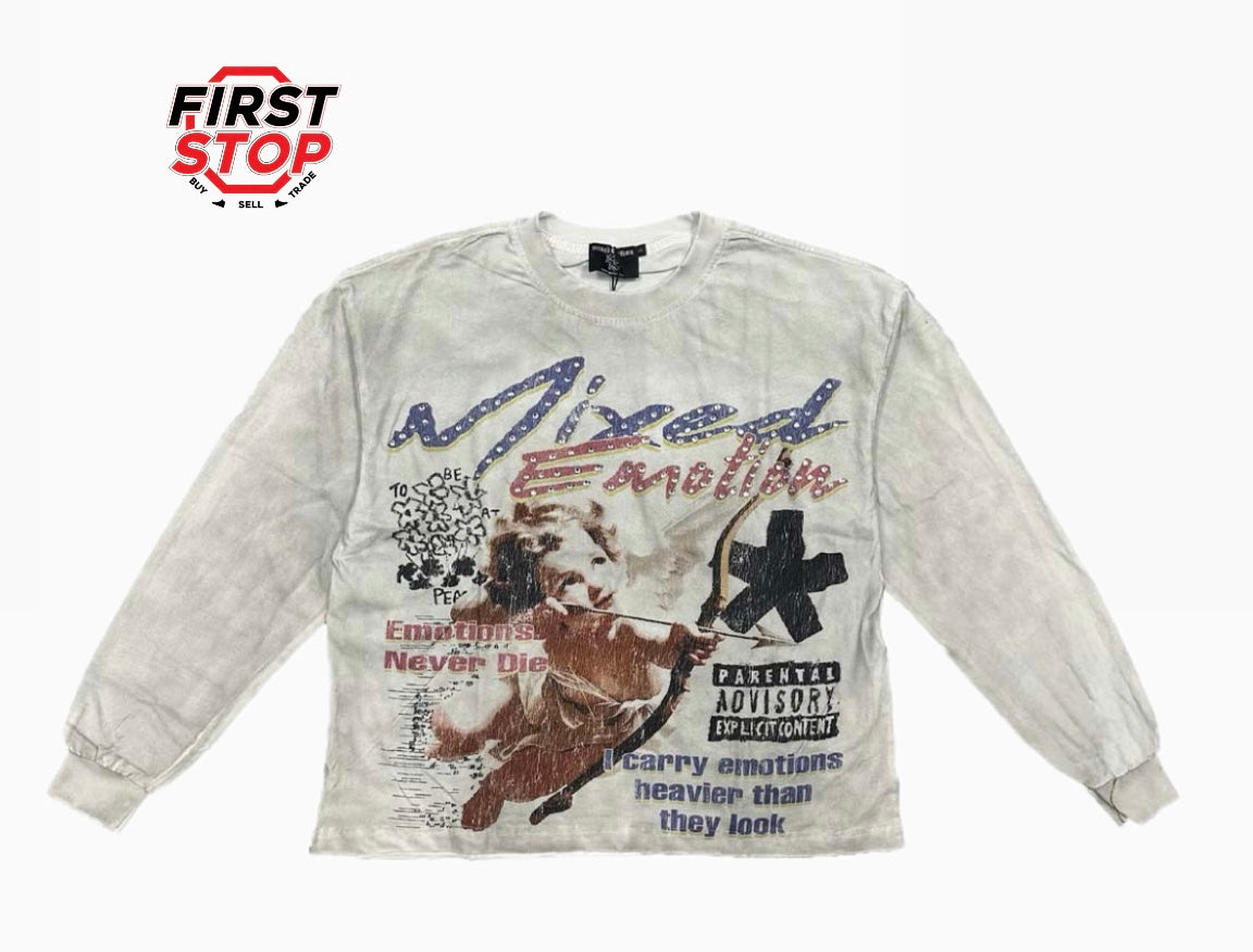 Mixed Emotions Triplets Long Sleeve Distressed Tee  White