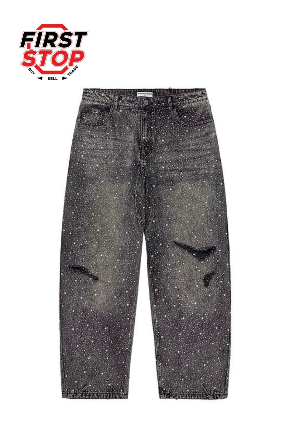 VALE Forever Classic Rain Rhinestone Denim Washed Jeans Black